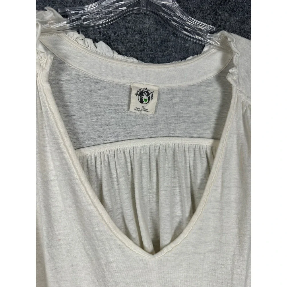 Free People Women Smocked Cuff V Neck Top Medium Boho Slub Knit Ivory White - Picture 4 of 12